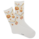 White socks with heart and chain design on a white background, featuring the brand 'k.bell'.