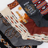 Collection of patterned socks with various southwestern designs on a white background