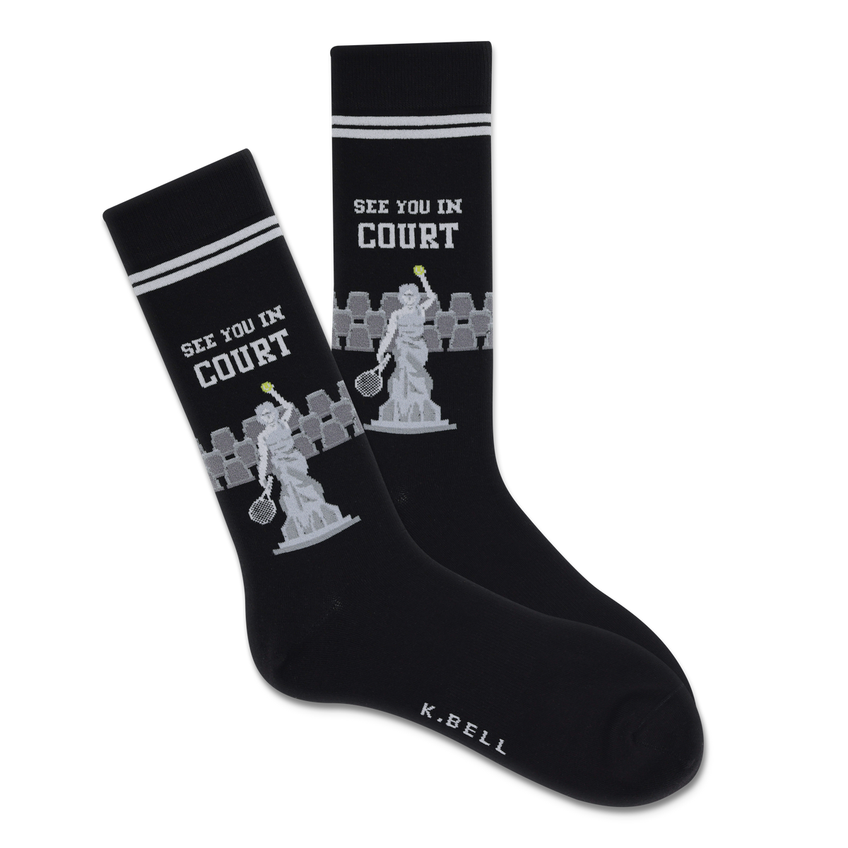 Black socks with 'See You in Court' text and statue design on a white background
