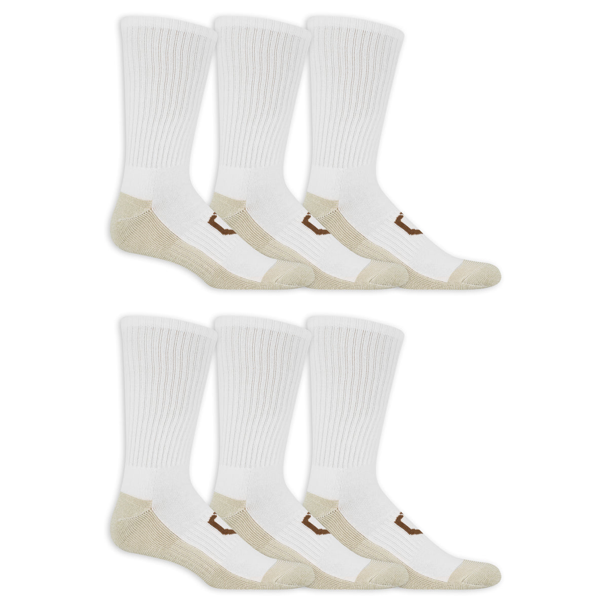 Set of six white socks with beige toes and heels on a white background