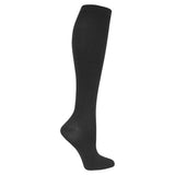 A pair of knee-high graduated compression socks for women, in black color, showcasing the side profile with the foot area visible. thumbnail