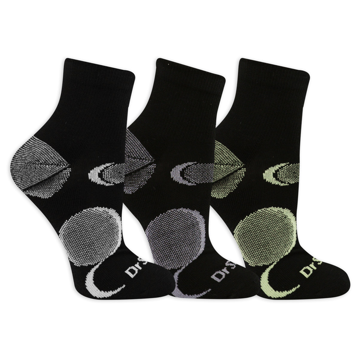 Three pairs of socks with colorful dot patterns on a white background