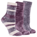 Three pairs of purple and striped socks on a white background