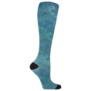 Teal knee-high compression sock with black toe and heel on a white background