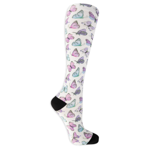 Dr. Scholl's women's white compression socks featuring an butterfly pattern and black accents on the heel and toe.