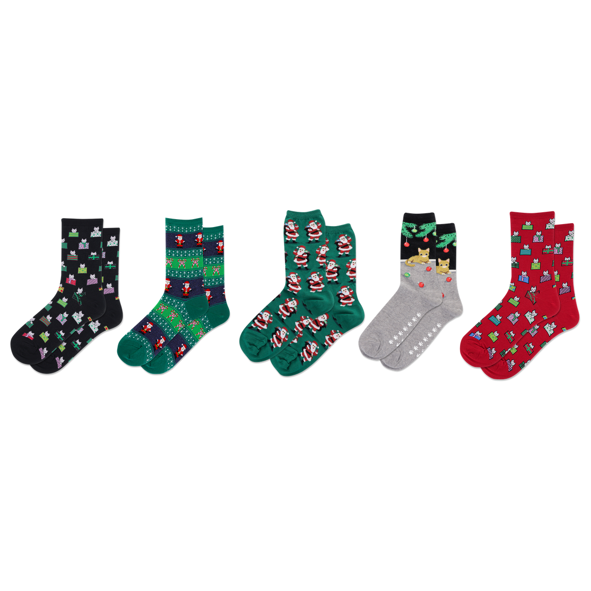 Set of five pairs of patterned socks on a white background