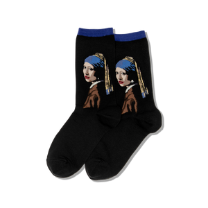 Black socks with a graphic of a famous painting on a white background