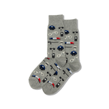 Gray socks with police-themed designs on a white background