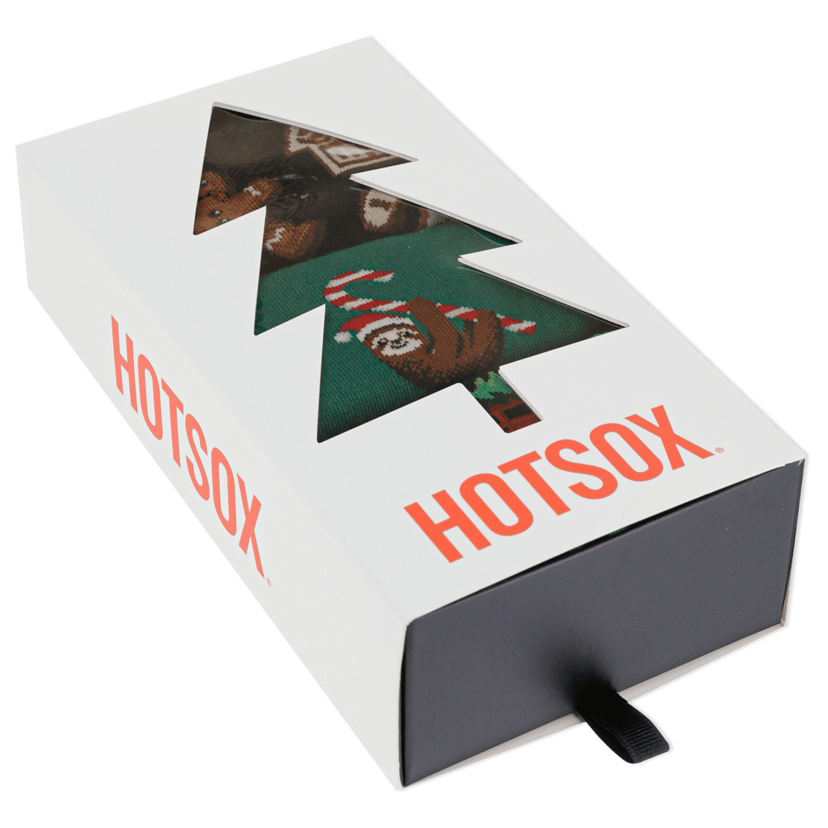 Three pairs of Christmas-themed socks in a 'HOTSOX' box on a white background