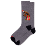 Gray sock with a Christmas-themed design featuring a figure and presents on a white background