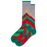 Colorful striped socks with a Christmas tree design on a white background