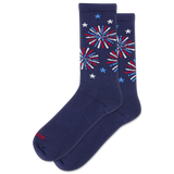 Navy socks with red, white, and blue fireworks design on a white background thumbnail