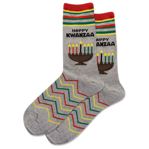 Gray socks with 'Happy Kwanzaa' text and candles design on a white background