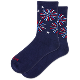 Navy socks with red, white, and blue fireworks design on a white background thumbnail