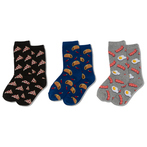 Three pairs of socks with different food patterns on a white background