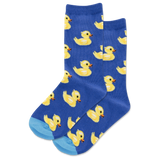 Blue socks with yellow duck pattern on a white background