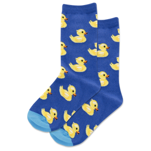 Blue socks with yellow duck pattern on a white background