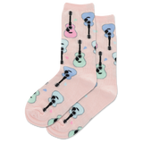 Pink socks with guitar pattern on a white background