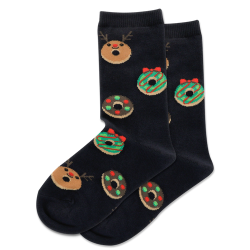 Black socks with reindeer and donut patterns on a white background