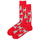 Red socks with Dalmatian dog pattern on a white background
