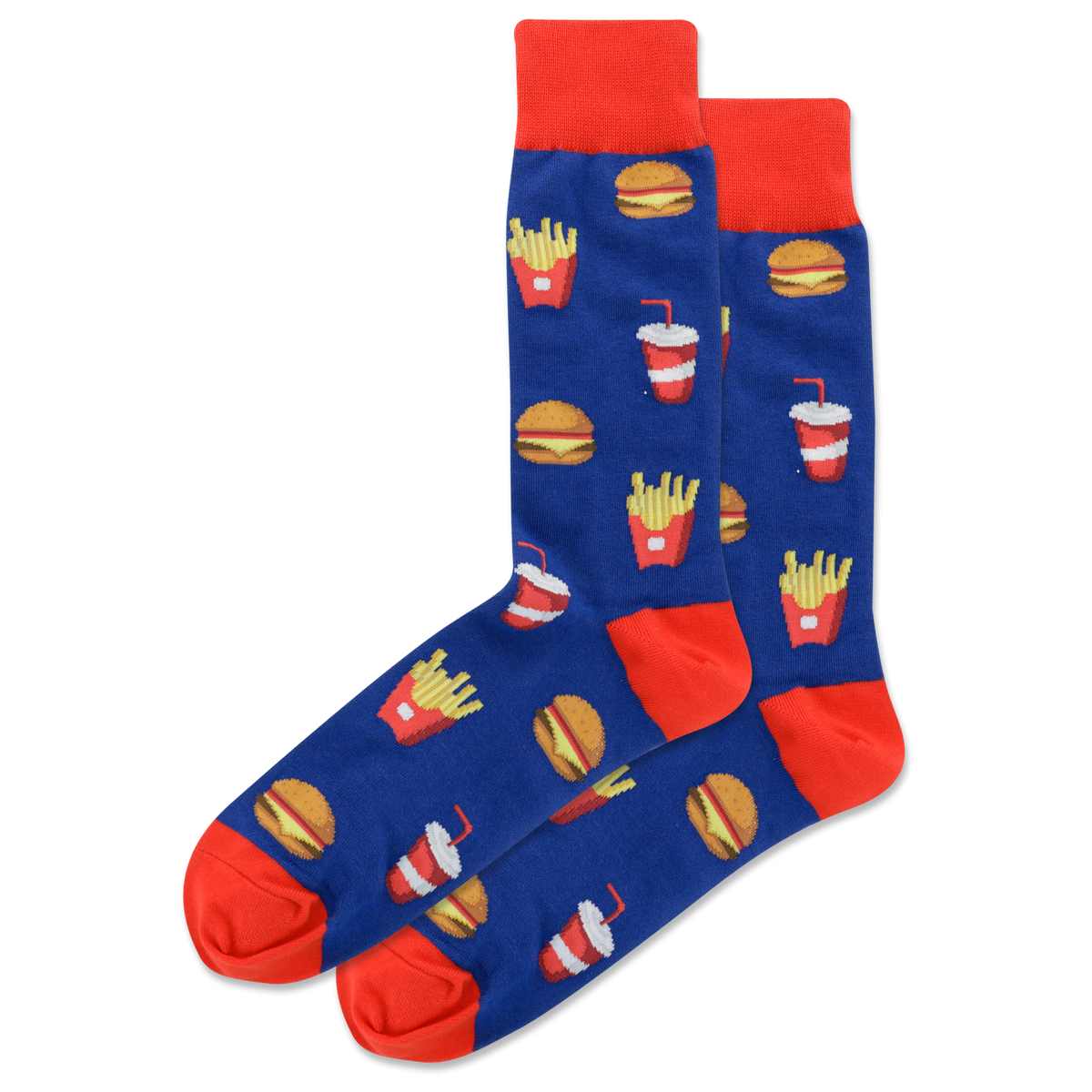 Blue socks with red accents featuring fast food illustrations on a white background