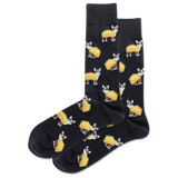Black socks with dog and taco pattern on a white background