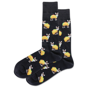 Black socks with dog and taco pattern on a white background