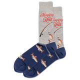 Fishing-themed socks with fish and fishing rod design on a white background thumbnail