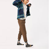 Person wearing a blue plaid jacket, brown pants, and gray socks with a whiskey glass graphic and text that says "Whiskey Helps"  on a white background thumbnail