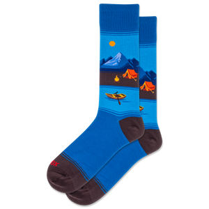 Blue socks with camping design on a white background