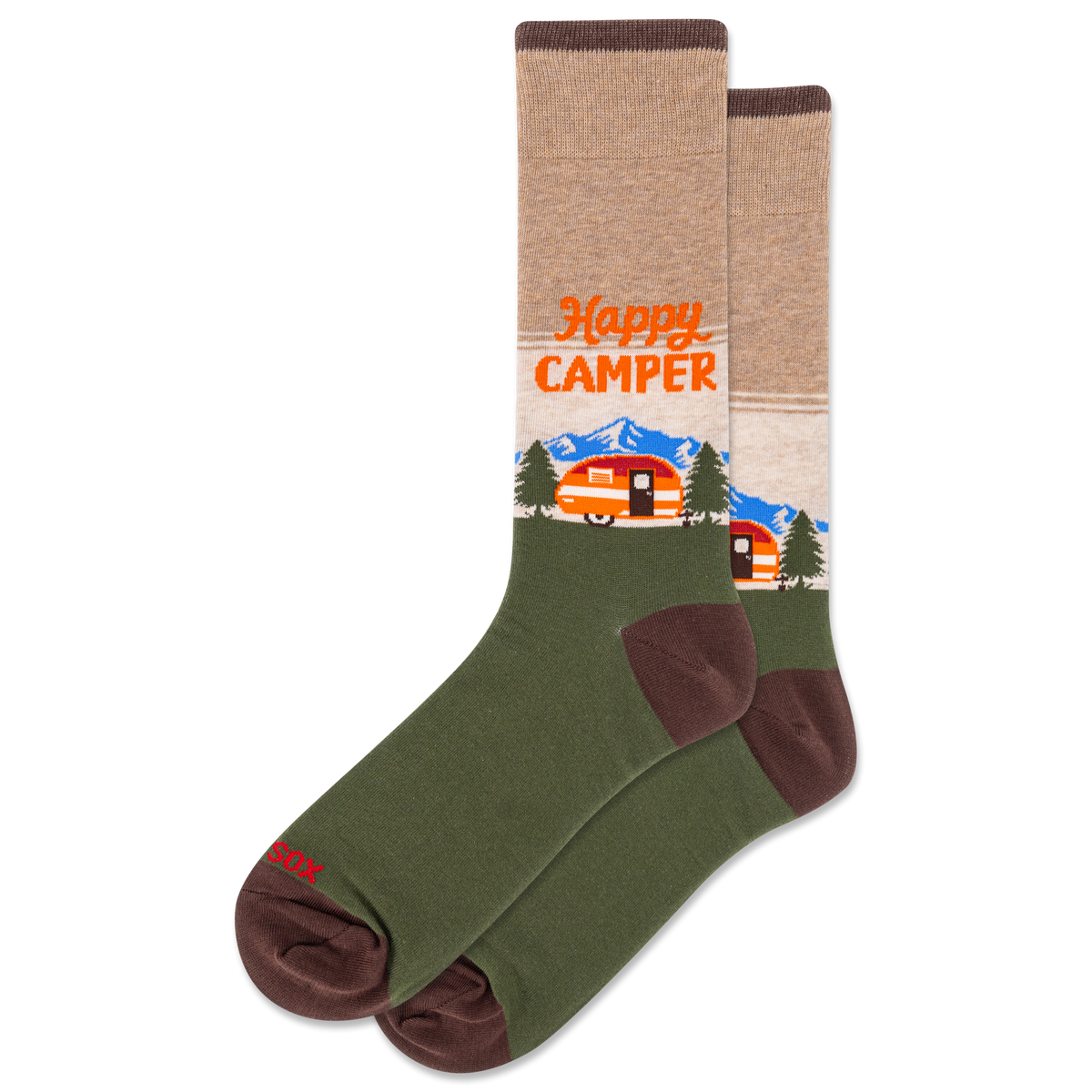 Socks with 'Happy Camper' design featuring a camper van and trees on a white background.