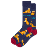 Navy socks with yellow dog illustrations and red toes on a white background