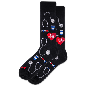 Black socks with medical-themed designs on a white background