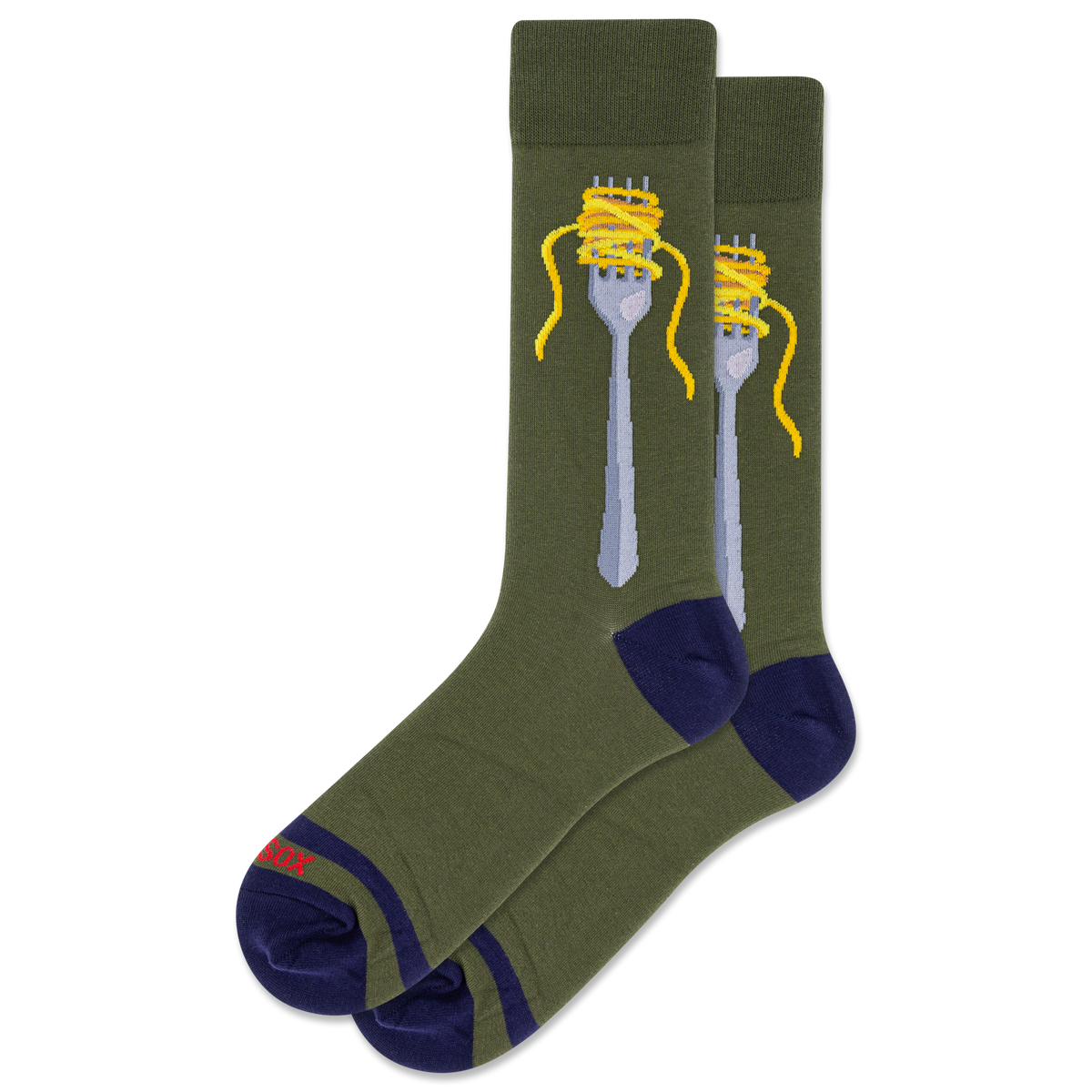 Green socks with a design of a fork and noodles on a white background