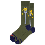 Green socks with a design of a fork and noodles on a white background