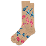 Beige socks with colorful starfish and shell patterns on a white background thumbnail