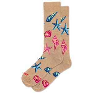 Beige socks with colorful starfish and shell patterns on a white background