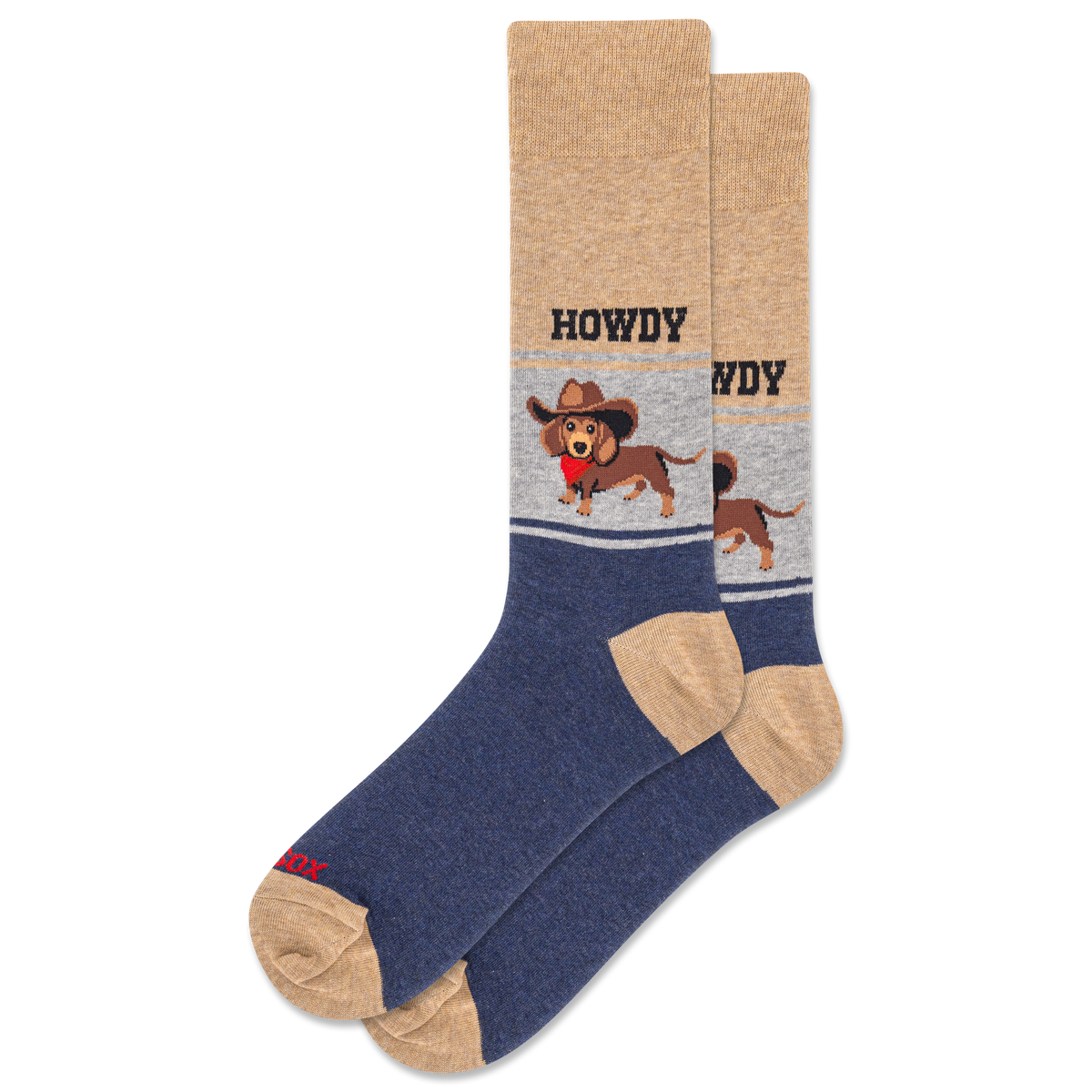 Blue sock with a dachshund graphic and 'HOWDY' text on a white background