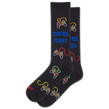 Black socks with gaming controller designs and text on a white background