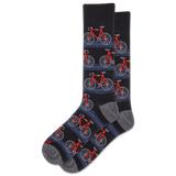 Black socks with red and gray bicycle pattern on a white background
