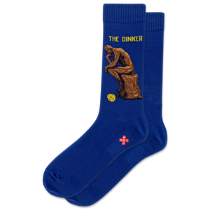 Blue socks with a sculpture design and 'The Dinker' text on a white background