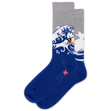 Blue sock with wave and character design on a white background thumbnail