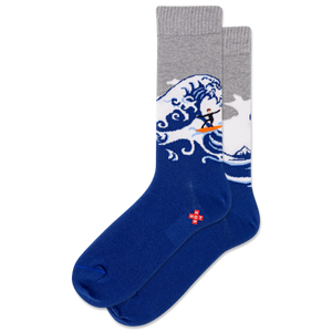Blue sock with wave and character design on a white background