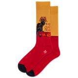 Red socks with a black cat design on a mustard background