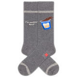 Gray socks with a design of a cup and text on a white background