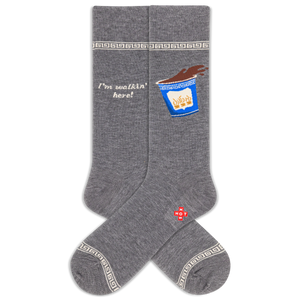 Gray socks with a design of a cup and text on a white background