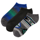 Three pairs of socks in blue, black, and gray with geometric patterns on a white background.