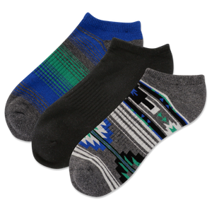 Three pairs of socks in blue, black, and gray with geometric patterns on a white background.