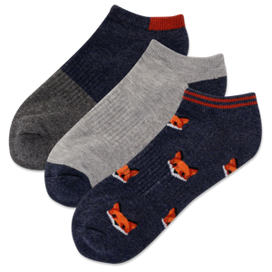 Three pairs of socks with fox patterns on a white background