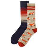 Two pairs of socks, one navy with horizontal stripes and the other beige with fox patterns, on a white background. thumbnail